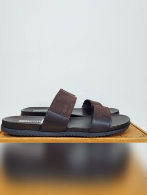 Steve Madden Men's Dark Brown Leather Canvas Slide Sandals Size 11 Casual Beach